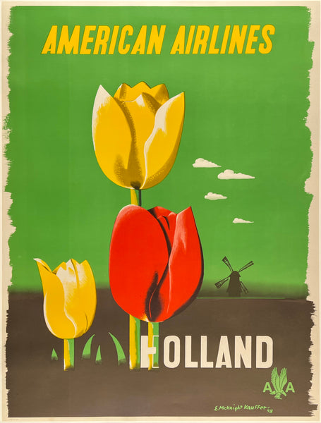 Original vintage American Airlines - Holland linen backed travel and tourism airline aviation poster by artist E. McKnight Kauffer, circa 1948.