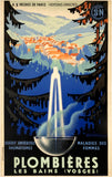 Original vintage Plombieres Les Baines (Vosges) - SNCF Chemins De Fer Francais linen backed French railroad travel and tourism poster by artist Senechal, circa 1939.