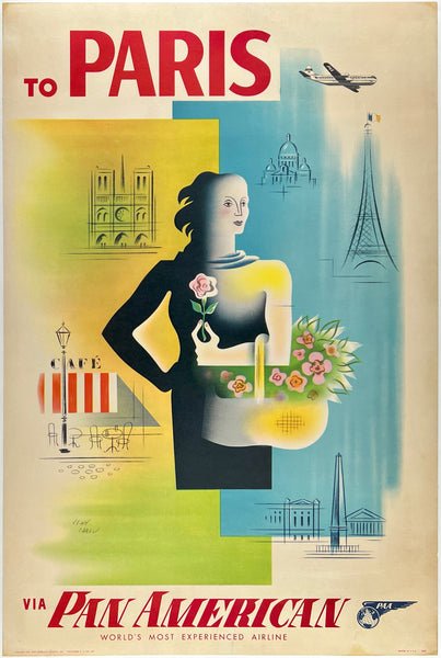 Original Vintage To Paris Via Pan Am - World's Most Experience Airline linen backed Pan airline travel and tourism poster plakat affiche by French artist Jean Carlu, circa 1954.