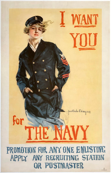 Original vintage I Want You For The Navy USA World War One WWI linen backed recruiting propaganda military poster by artist Howard Chandler Christy circa 1917.