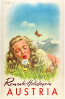 Original vintage Romantic Holidays in Austria Austrian linen backed travel and tourism poster circa 1950.