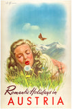 Original vintage Romantic Holidays in Austria Austrian linen backed travel and tourism poster circa 1950.