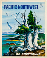 Original vintage Pacific Northwest - Go Greyhound linen backed American bus travel and tourism poster plakat affiche circa 1960s.