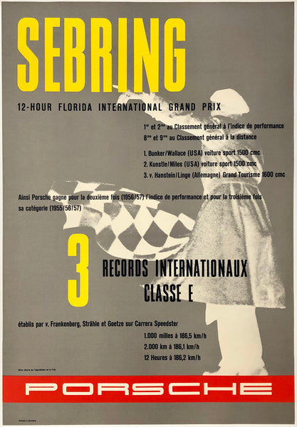 Original vintage Porsche - Sebring - 12-Hour Florida International Grand Prix - 3 Records Internationaux Classe E linen backed victory factory showroom auto racing poster plakat affiche, circa 1957.