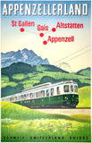 Original vintage Appenzellerland linen backed Appenzell Switzerland Swiss railway and railroad travel and tourism poster circa 1950s.