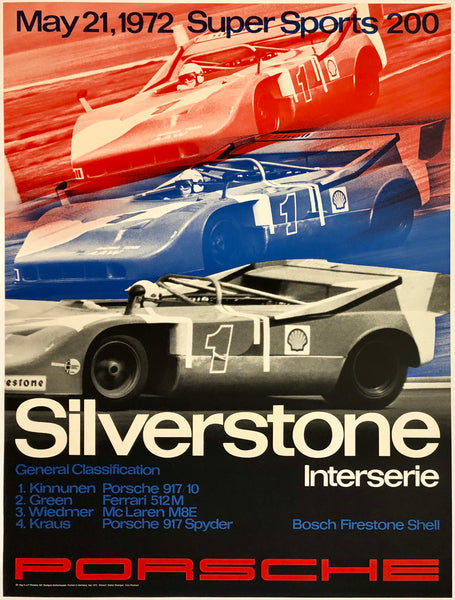 Original vintage Porsche Super Sports 200 - Silverstone Interserie linen backed victory showroom auto racing poster designed by artist Erich Strenger, circa 1972.