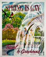 Original vintage Spring is Gay - Travel By Greyhound linen backed bus travel and tourism poster by artist Rod Ruth, circa 1960s.