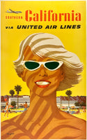 Original Vintage Southern California Via United Air Lines linen backed UAL airline travel and tourism poster by artist Stan Galli circa 1950s. This poster features an aircraft plane in the top left corner.