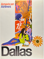 Original vintage American Airlines - Dallas linen backed airline travel and Texas tourism mid-century modern poster promoting circa 1960s.